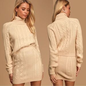 NWT Lulus In the Cards Beige Cable Knit Two-Piece Sweater Dress Set